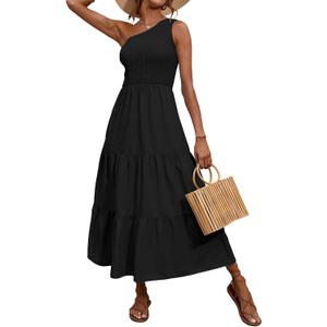BTFBM 2025 Summer One Shoulder Dresses for Women Casual Sleeveless High Waist Floral Flowy Smocked Boho Beach Maxi Dress (Solid Black) XL