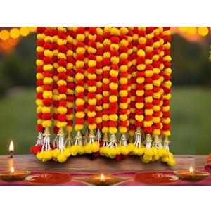 Krati Exports 5 Pc 5 feet Long Marigold Garland for Decoration Long Strands Artificial Marigold Flowers | Indian Dcor for Pooja | Wedding | Christmas | Diwali Decor (Yellow & Orange)