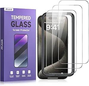 ruwa Screen Protector for iPhone 15,[6.1 Inch][3-Pack] HD Tempered Glass Film with Easy Installation Frame, Ultra Clear, Case Friendly