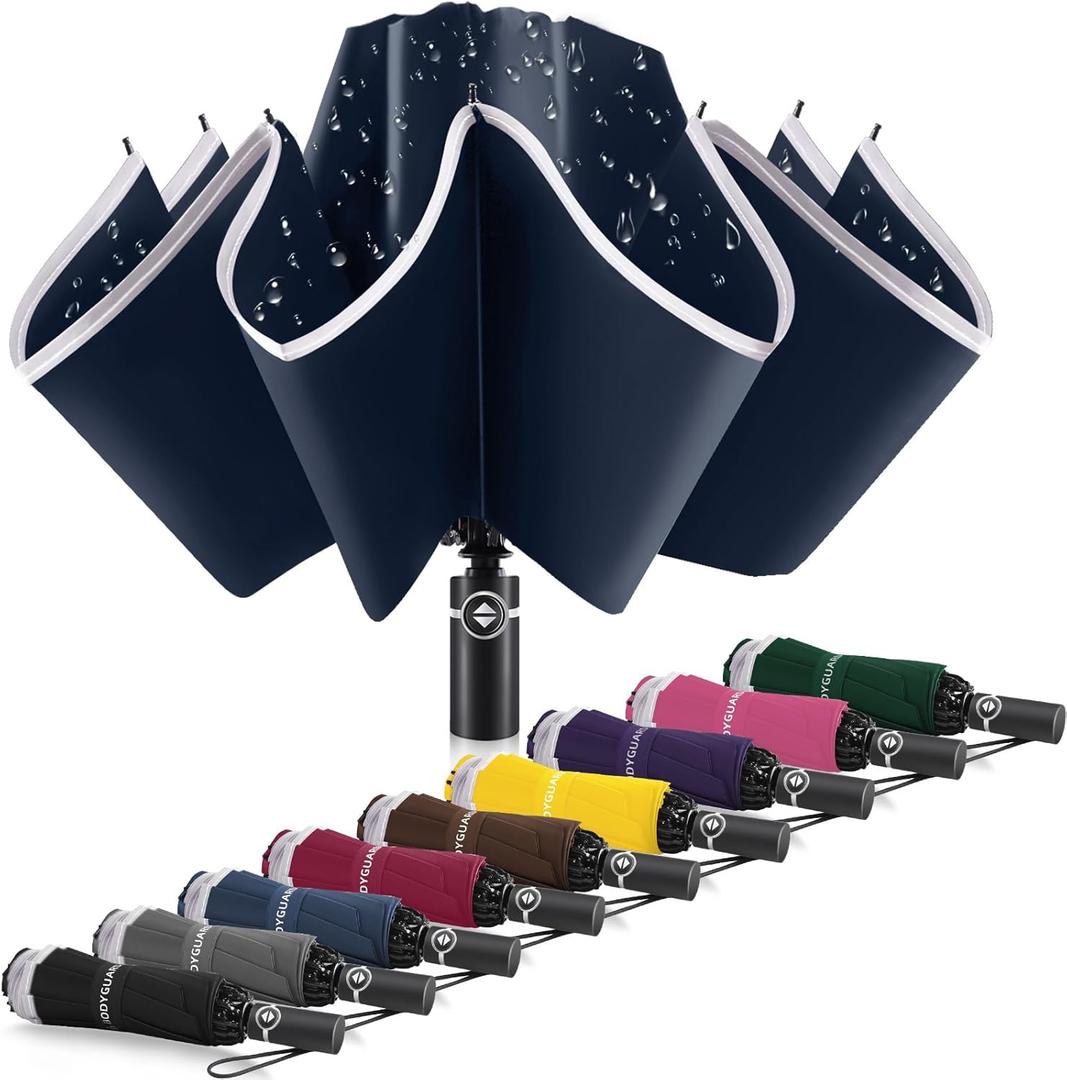 Bodyguard Inverted Umbrella - Large Windproof for Rain & Sun, Compact Reverse With Reflective Stripe, Teflon-Coated for Women Men, Travel Folding With Cover Bag (46 IN, Blue)