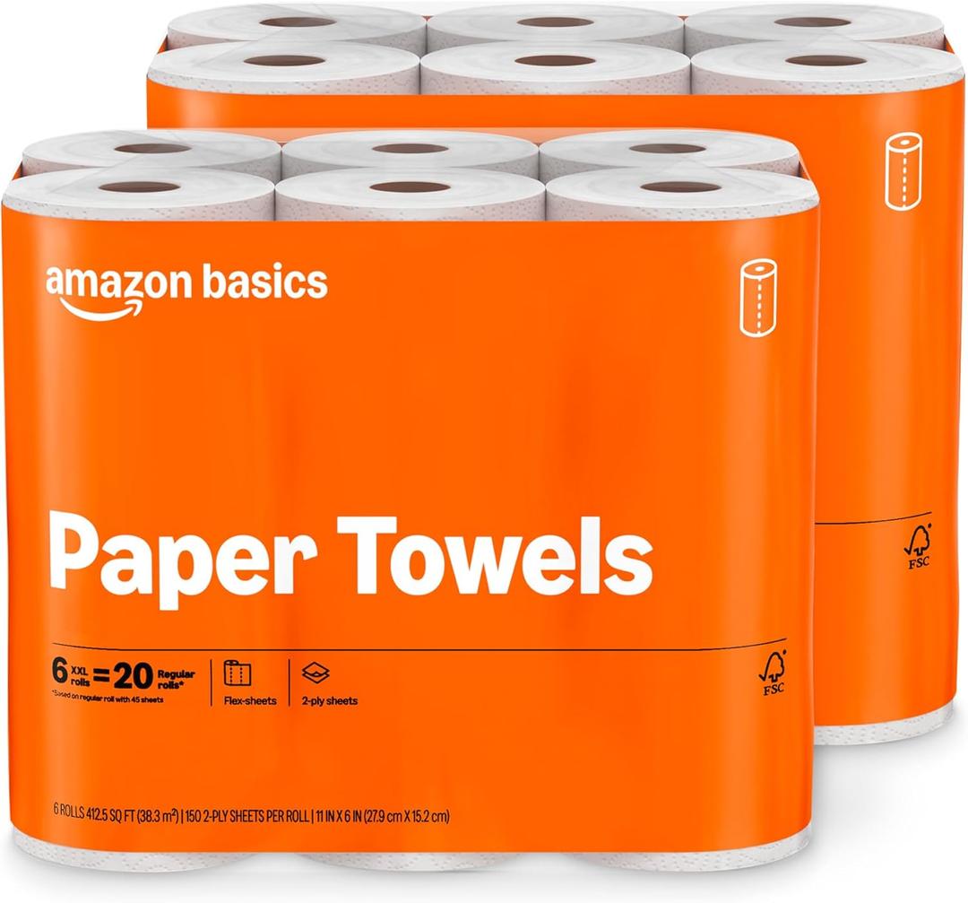 Amazon Basics 1-Ply Flex-Sheets Paper Towels, 12 Basics Rolls = 40 Regular Rolls, Everyday Value with 150 Sheets per Roll, Packaging May Vary