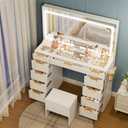 Pamapic Glass Top Vanity Desk with Mirror and Lights, 11 Drawers Makeup Vanity with Charging Station and Chair, Golden Handles Dressing Table, 3 Lighting Modes Makeup Table, White (46"*15.8"*56.1" Gold Handle)