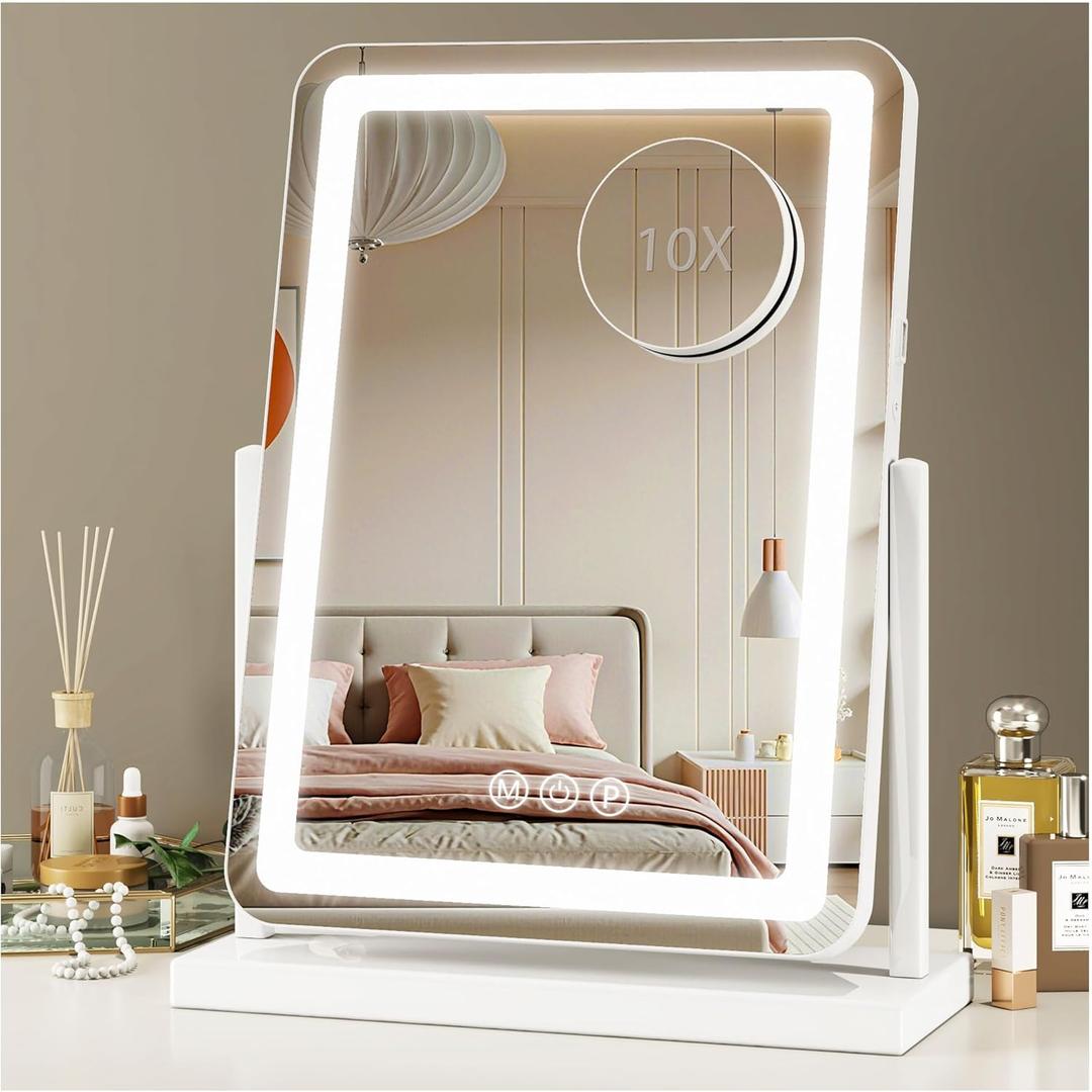 Vanity Mirror with Lights, 18"x13" Hollywood Lighted Makeup Mirror for Tabletop & Bedroom 3 Color Lighting Modes Smart Touch Control 360 Rotation Detachable