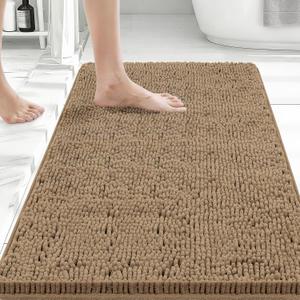 Bcoimo 30x20 Chenille Bath Mat  Non-Slip with Backing Bath Rug Ultra-Absorbent and Machine Washable Bathroom Mat Quick-Dry Design. Ideal for Bathroom Shower and Tub Areas (Khaki)