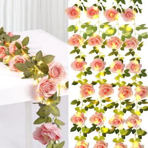 Flower Garland with Lights, 4 Packs 7FT Pink Floral Rose Flower Eucalyptus Garland Decor, Artificial Faux Leaves Greenery Vines for Table Runner Wedding Centerpieces Backdrop Decorations (Warm Color)