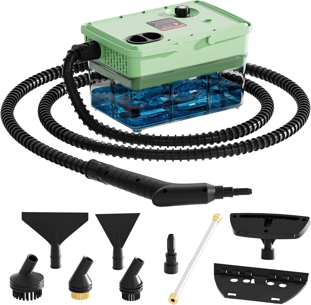 Handheld Steam Cleaner 2500W,10s Fast Heat-Up & 50.73OZ Large Tank,Pressurized Portable Steamer with 9 Accessories for Home,Car,Kitchen,Bathroom,Floors,Grout,Tile,Upholstery (Green)