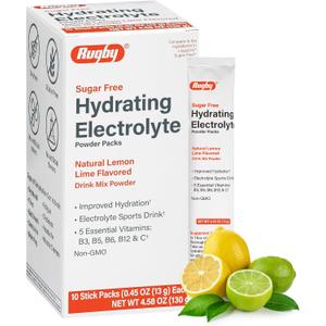 Rugby Sugar-Free Hydrating Electrolyte Powder Packs - Drink Mix Powder Packets with 5 Vitamins - Improved Hydration - Natural Lemon-Lime Flavor - 10 Stick Packs - 0.45 Oz Each (1 Pack), EXP 02/26