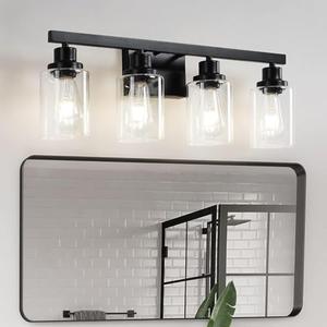 DIKAIDA 4-Light Bathroom Vanity Light, Modern Matte Black Wall Sconce Lighting with Clear Glass Shade, Bathroom Lighting Fixtures Over Mirror,Vintage Wall Mounted Lamps for Mirror Bedroom,Living Room