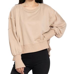 Womens Crewneck Sweatshirts Cropped Long Sleeve Tops Oversize Loose Fit Tee Side Slit Pullover Tshirt (Beige, XL)