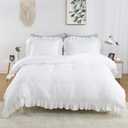 Ruffle Duvet Cover King Size, 3PCS Soft Washed Microfiber Vintage French Country Duvet Cover Set with Button Closure, White, 104x90 in