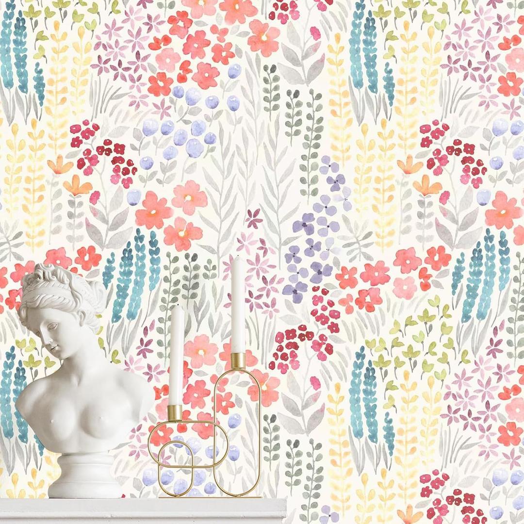 Floral Peel and Stick Wallpaper 9.8' x 15.75'' Colorful Flowers Peel and Stick Wallpaper Watercolor Abstract Wildflower Contact Paper for Bedroom Living Room Furniture Decorative