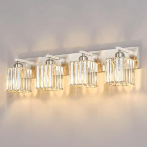 Modern Vanity Light 4-Lights Brushed Nickel Vanity Light Crystal Bathroom Wall Light Bathroom Light Fixtures