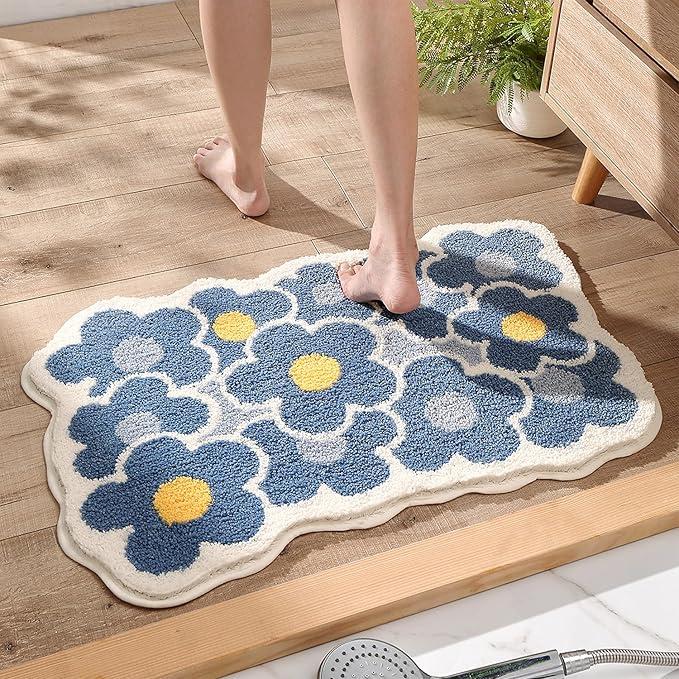 Bath Rug for Bathroom Super Soft Fluffy Rug Home Floor Mat Floral Carpet Water Absorption Machine Washable Bath Mat for Bedroom, Living Room and Bathroom, 19.6 x 31.5 Inches, Blue Flower