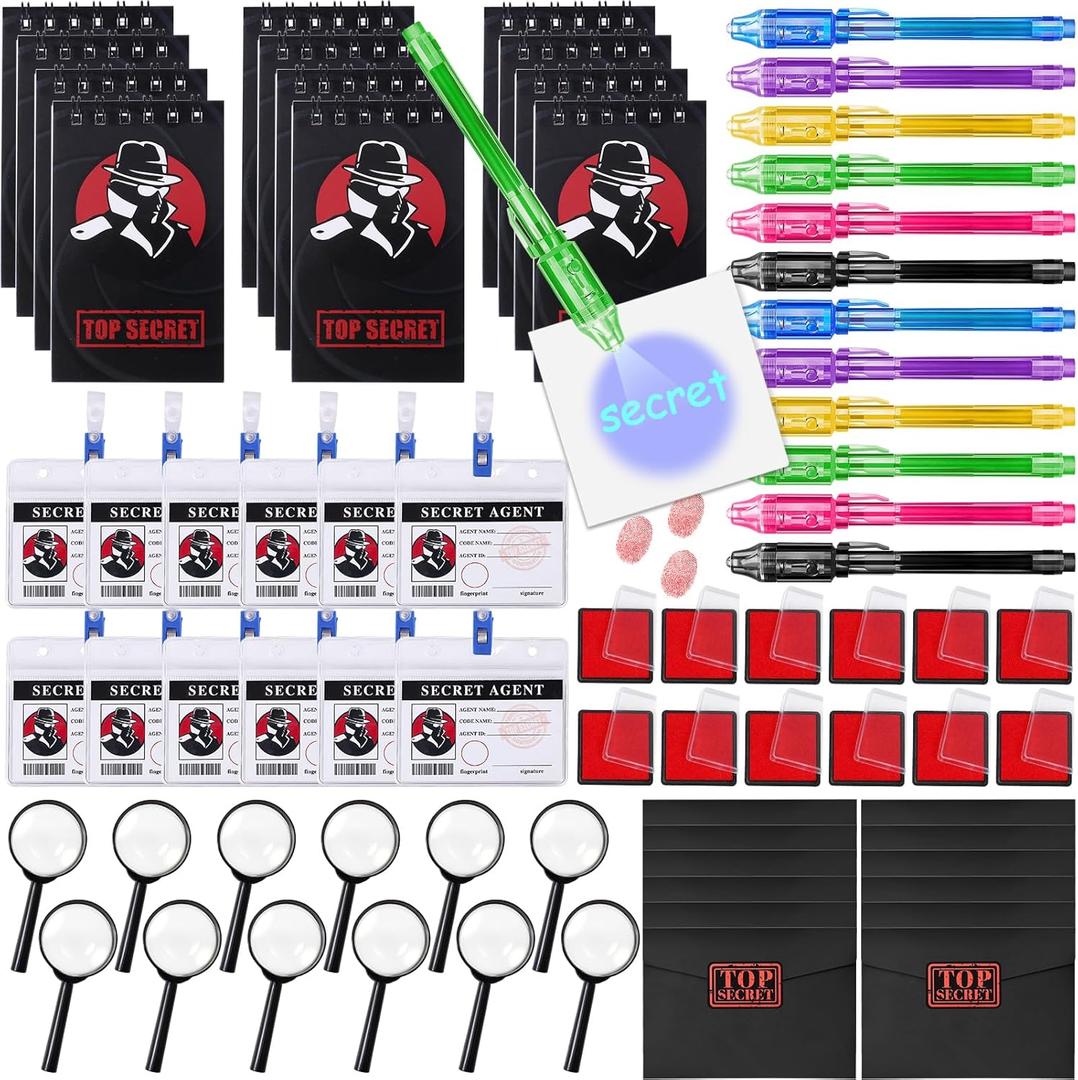 Winrayk Detective Party Favors Spy Birthday Supplies Invisible Ink Pen Top Secret Notebook Secret Agent Name Tag Magnifying Glass Ink Pad Envelope Kids Detective Game Spy Toy Escape Room Party Favors