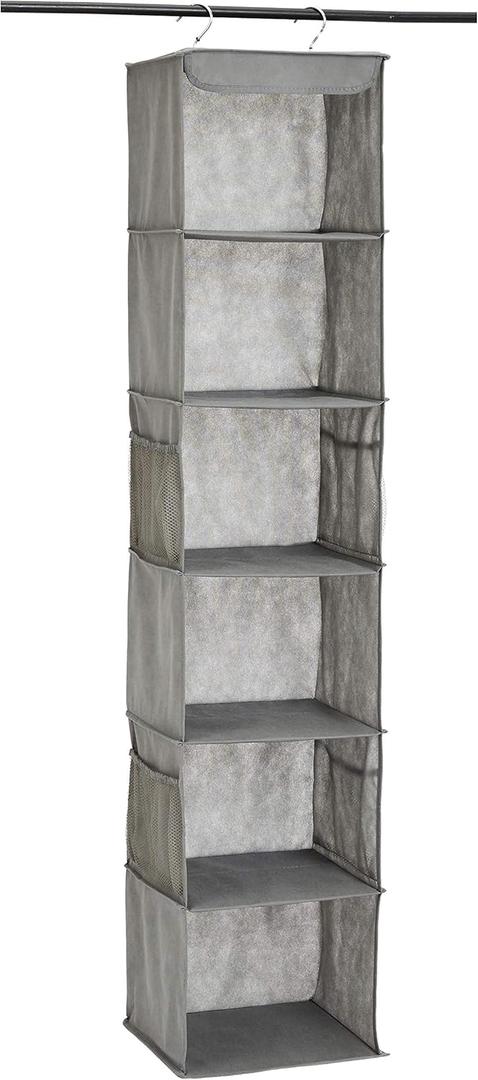 Amazon Basics 6-Tier Hanging Closet Shelf Organizer With Pockets, 8.5" D x 12" W x 9" H, Grey | Organizer, With Pockets
