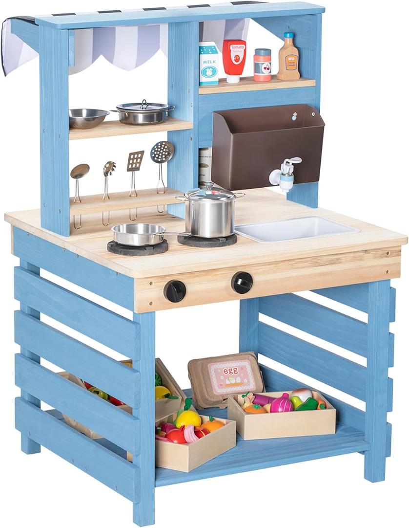 Mud Kitchen, Wooden Outdoor Kitchen Playset w/Menu, Sink, Stove, Water Box, Two Sided Pretend Play Kitchen for Kids, Cooking Toys, Backyard Table, Gift for Boys Girls Age 3+