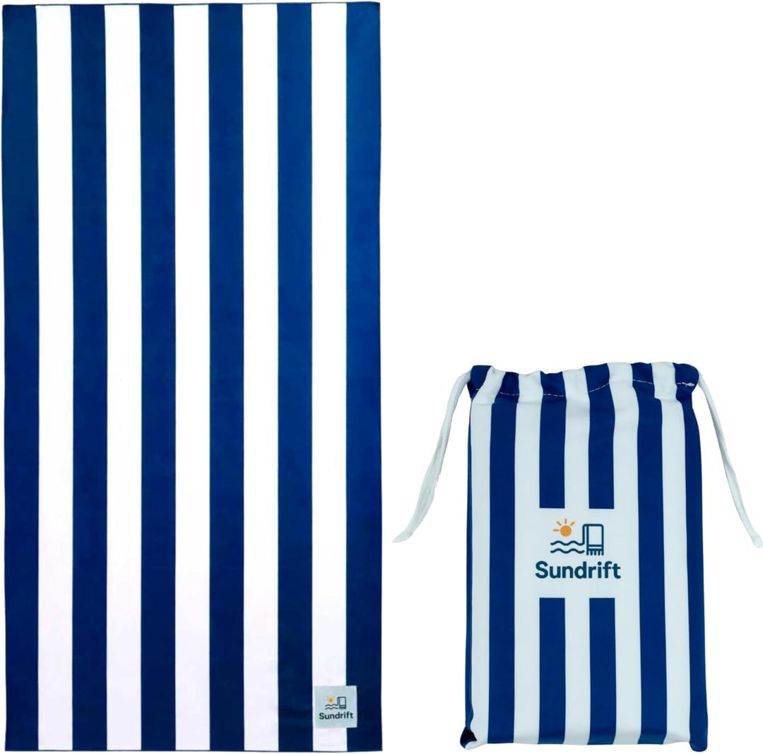 Microfiber Oversized Beach Towel 71x36in  Sand Free Quick Dry, Lightweight, Fast Absorbent Soft Striped Cabana Towel for Beach, Camping, Swimming, Yoga, Sports (Navy Blue)