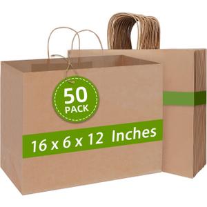 Johuivo Large Paper Bags with Handles, 50 Pcs Brown Shopping Paper Bags, Recyclable Kraft Paper Bag and Gift Bag Retail Bag for Small Business, Grocery, Party Favors, 16x6x12 Inches