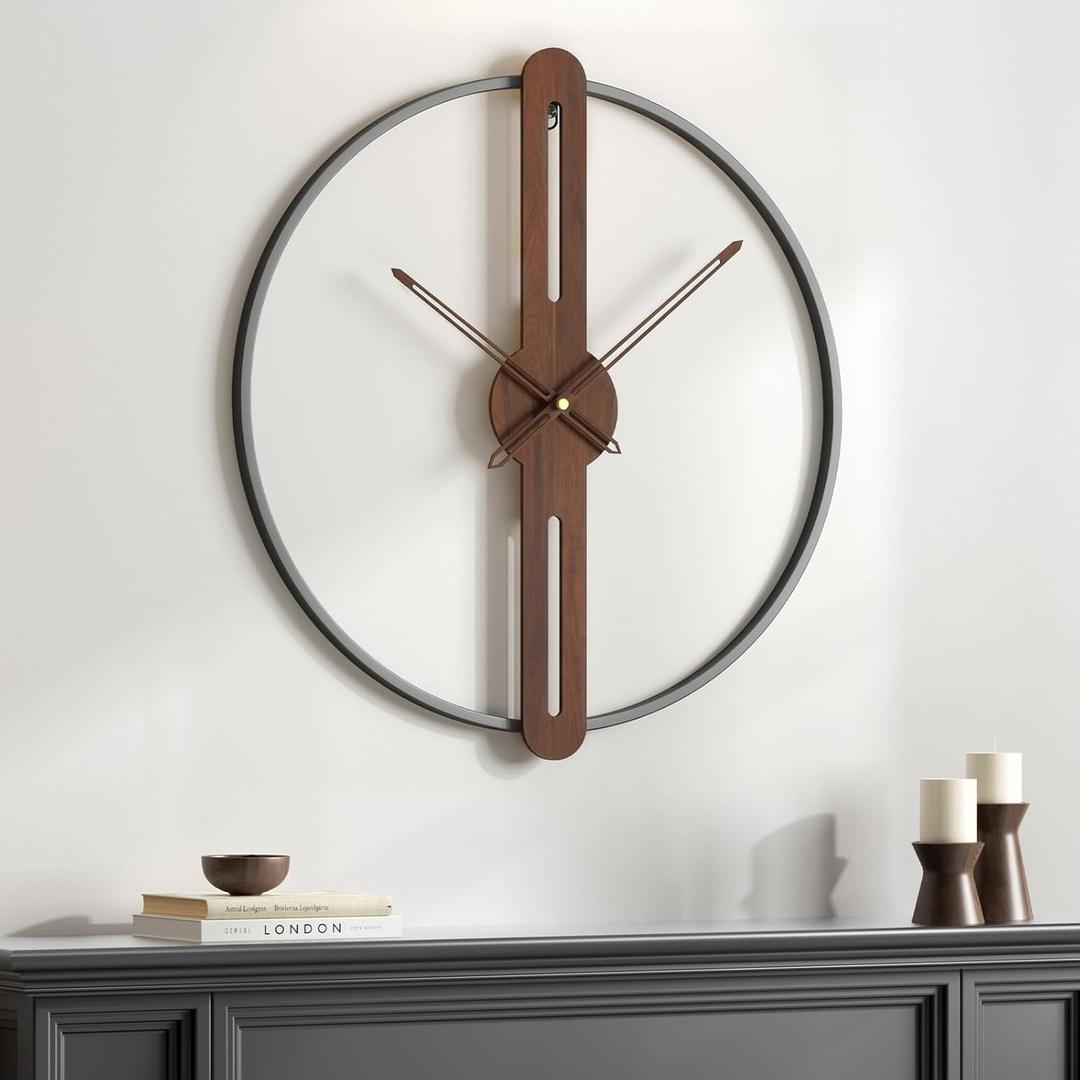 Cuspin 20 Inch Wall Clock Battery Operated for Living Room Decor, Modern Minimalist Wood Wall Clock Silent Non Ticking Metal Frame Decorative Clock for Office, Bedroom, Kitchen