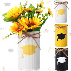 Domensi 3 Pcs 2026 Graduation Table Centerpieces Vases Decor Class of 2026 Graduation Cap Hat Galvanized Metal Vase for Flowers Mason Jar Utensil Holder or Kitchen Home Congrats Grad Party Decorations