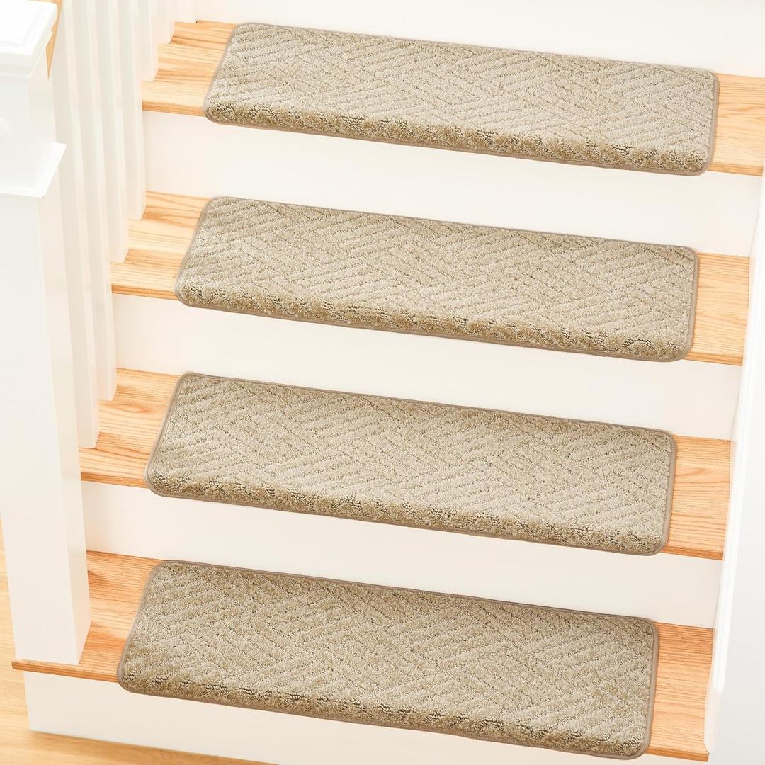 MBIGM Bullnose Non-Slip Stair Treads w/Reusable Adhesive 14 Pack 9.5" x 30" Wooden Steps Protection - TPU Backing with Steel Reinforcement - Anti-Slip Solution Basketweave Beige Non Slip Stair Tread