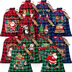 12 PCS Burlap Christmas Drawstring Gift Bags, 12x16in Buffalo Plaid Xmas Gift Bags w/Tags, Cotton Fabric Goody Gifts Treat Bag Xmas Sacks Large Reusable Gifts Wrapping Bag for Holiday Party Favors (Red, Green & Blue Black)
