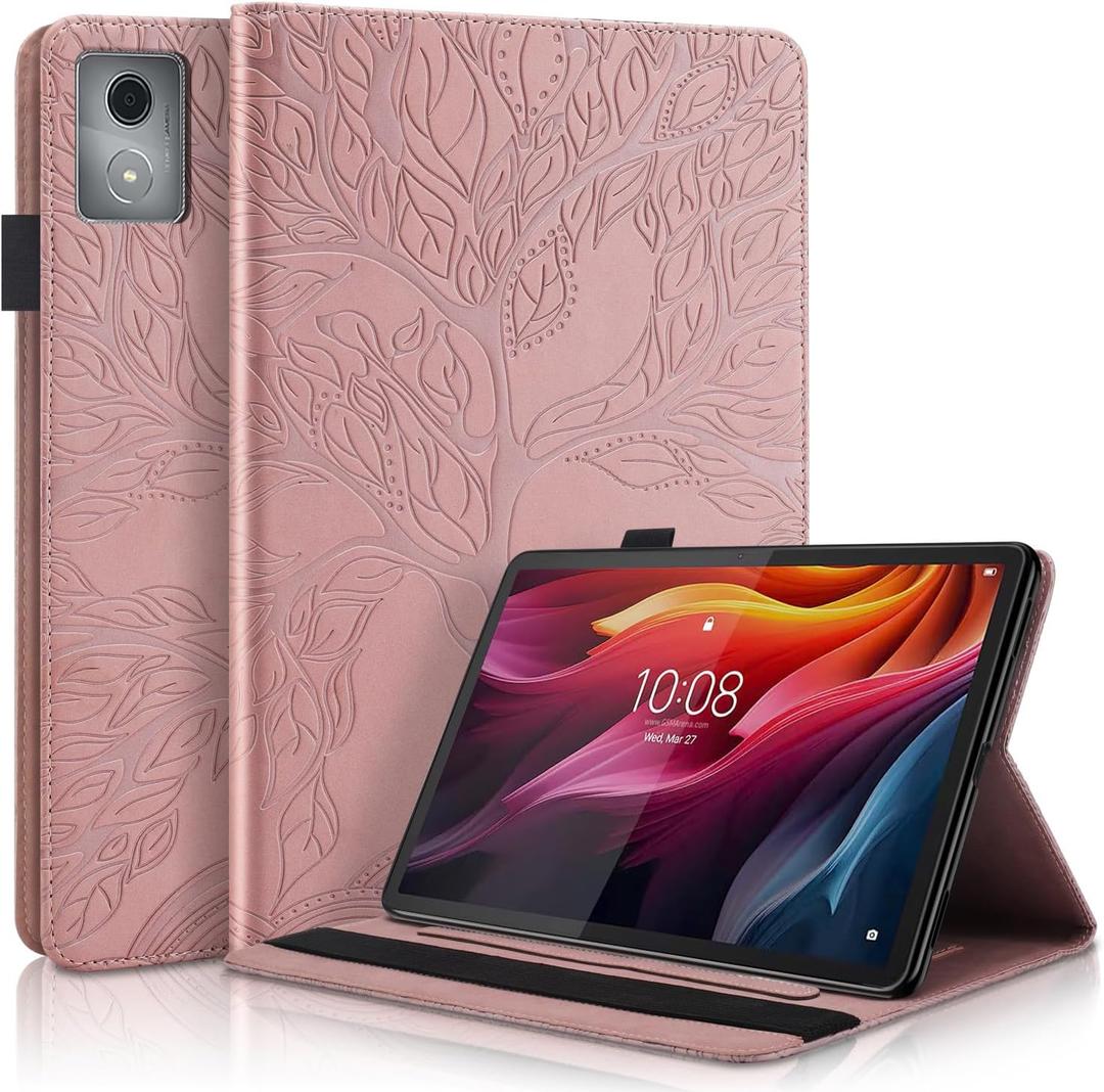 Case for Lenovo Tab M11 Plus/Lenovo Tab K11 Plus 11.45 Inch 2024 PU Leather Protective Cover Lightweight Flip Stand with Elastic Band & Card Holder-Rose Gold