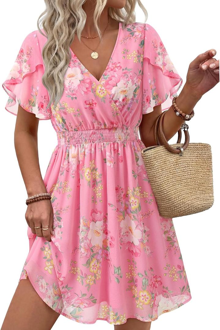 Womens Summer Ruffle Short Sleeve Dress V Neck Flowy Chiffon Layers Boho Dresses (Pink)