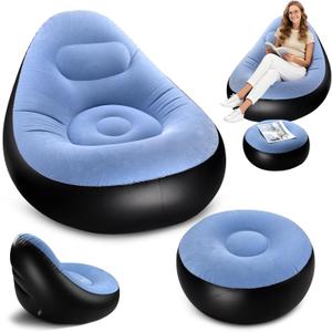 Inflatable Lounge Chair for Adults, Portable Folding Inflatable Blow Up Couch with Foot Stool, Lazy Flocking Recliner Chair Air Sofa for Indoor Outdoor Travel Camping (No Pump)