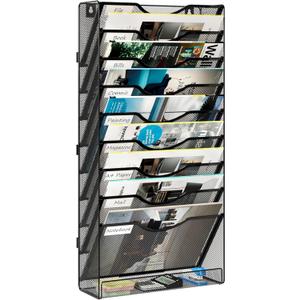10 Tier Wall File Organizer, Vertical Mesh Paper Mail Organizer Wall Mounted Magazine Rack, Metal Clipboard Storage for Office, Home, Classroom, Black