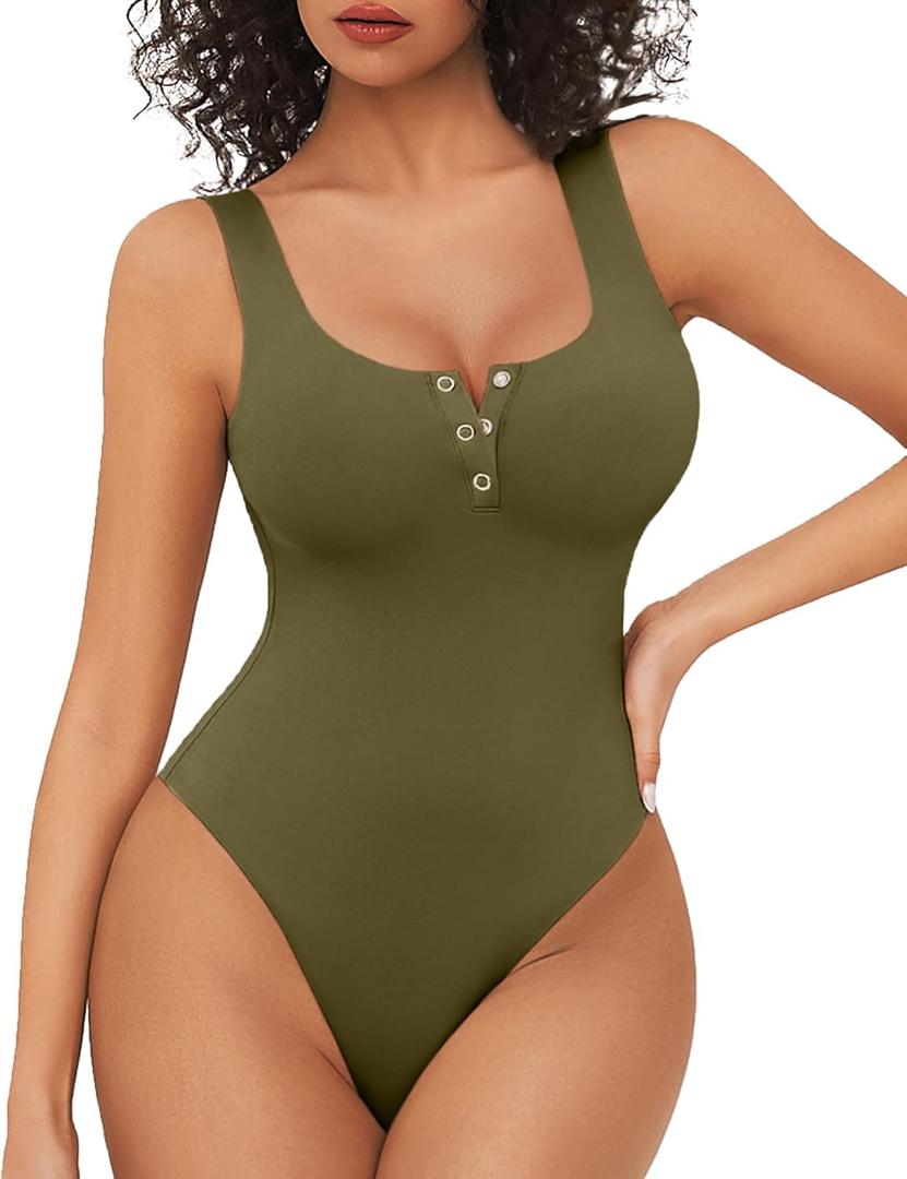 Avidlove Bodysuits for Women Button Down Square Neck Sleeveless Body Suit Snap Closure Double Lined Tank Tops Bodysuit (Small, Army Green)