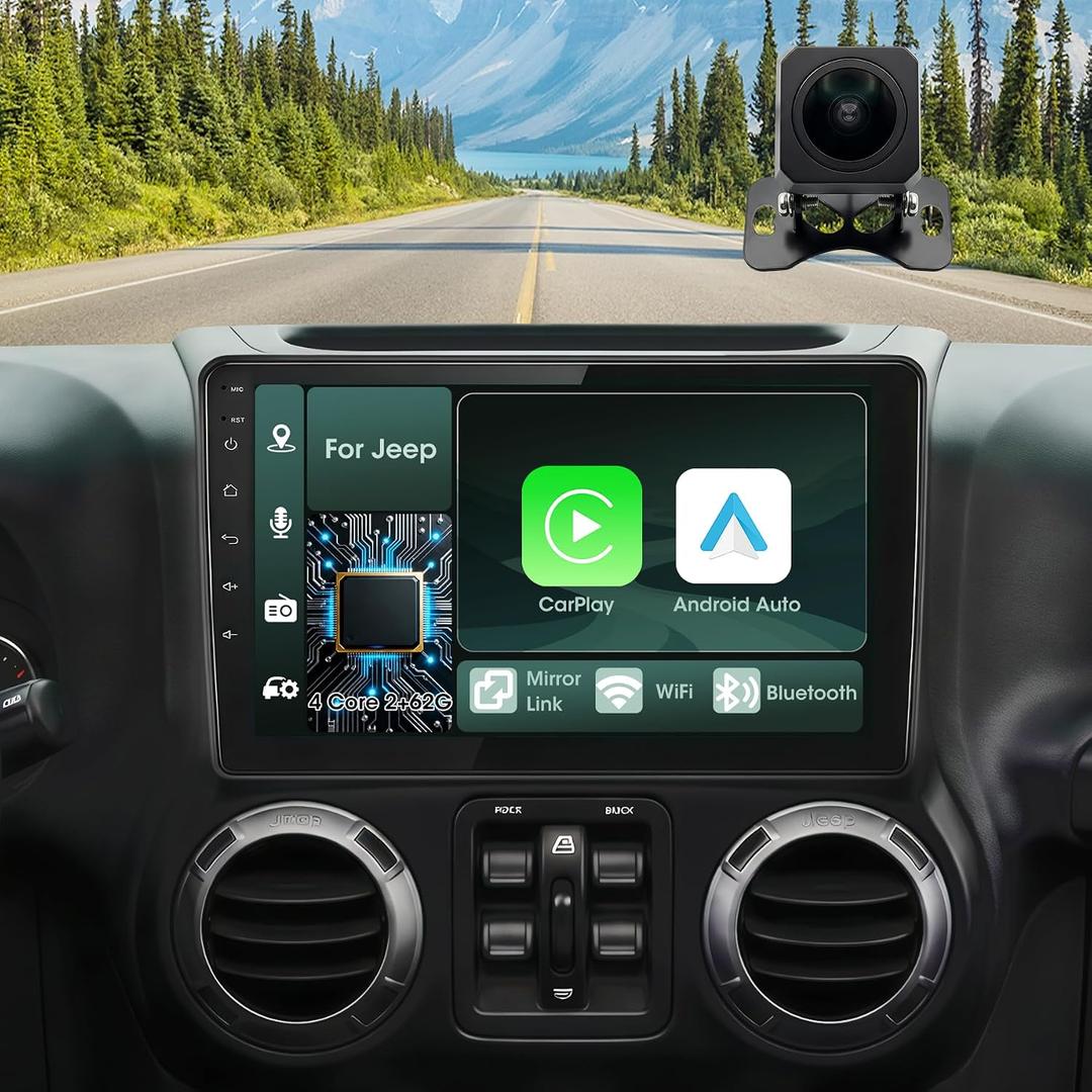 Car Radio Stereo for Jeep Wrangler JK 2007-2018 Grand Cherokee Patriot Compass Dodge Ram, Touch Screen Car Stereo with Bluetooth, Carplay, Android Auto, Backup Camera, Head Unit for Jeep JK