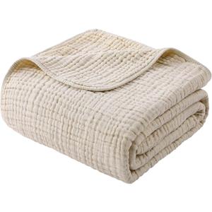 Yoofoss Muslin Blanket 100% Organic Cotton Throw Large 90" x 90" for Bed Couch Summer Gauze Blanket for Adults Lightweight and Breathable Apricot White