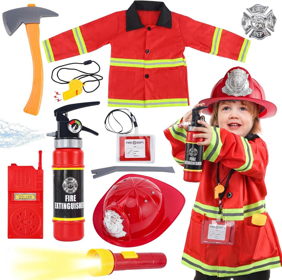 Fireman Costume for Kids, 10 Pcs Firefighter Costume with Toy Accessories Set, Fireman Role Play Outfit Toys, Kids Firefighter Dress Up Clothes, Halloween for Boys Toddlers Ages 3 4 5 6 7