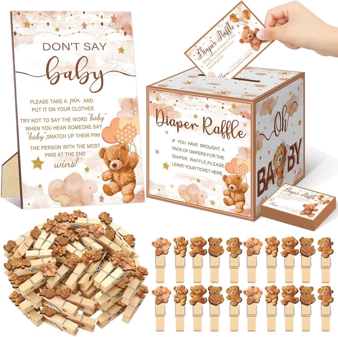 102 Pcs Bear Baby Shower Game Supplies Diaper Raffle Ticket with Diaper Raffle Card Box Don't Say Baby Sign Mini Bear Clothespin Game Decor for Gender Reveal Favor