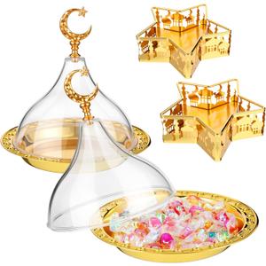 3 Pcs Ramadan Serving Trays Decoration, 1 Gold Round Tray with Acrylic Dome & 2 Star Shaped Trays, Eid Mubarak Metal Plate Dish for Dessert Display Holder Islam Muslim Home Party Table Decor