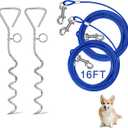 Relux Dog Tie Out Cable and Stake,16 Inch Heavy Duty Dog Anchor Spiral Stake for Small to Medium Dogs (Blue-16FT 2Pack)