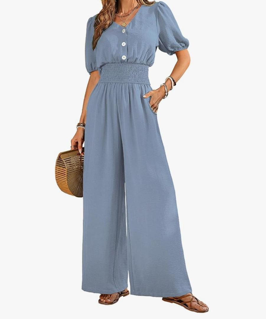 Womens Jumpsuits Short Sleeve V Neck Dressy Casual Wide Leg Pants Romper 2025 Summer One Piece Outfits, XL