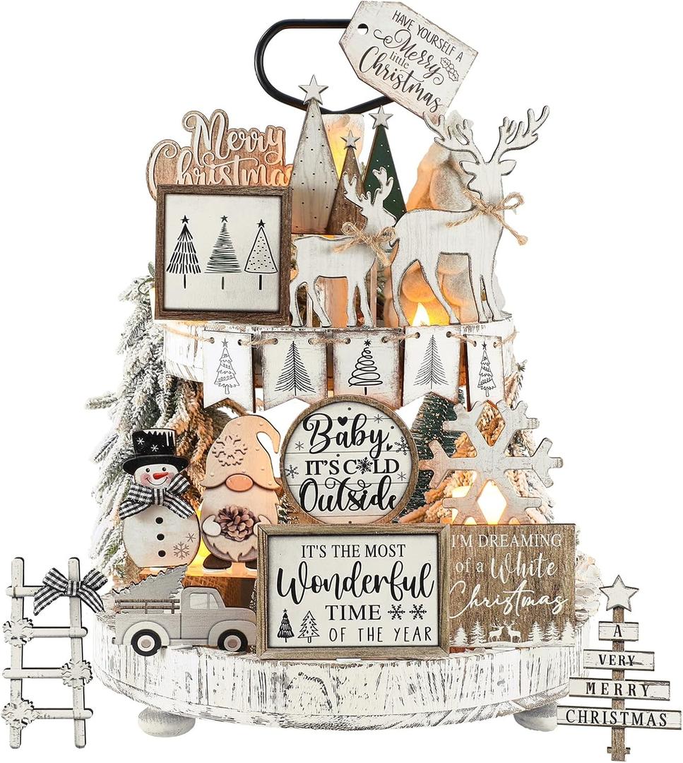 Shellwei 20 Pcs Neutral Christmas Tiered Tray Decor Rustic Winter Tiered Tray Farmhouse Christmas Decoration Xmas Trees Gnome Elk Snowflake Wooden Signs for Home Table Shelf