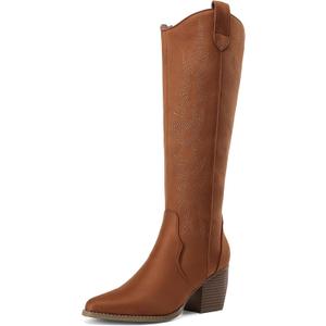 DREAM PAIRS Women's Cowboy Boots Wide Calf Comfortable Pull On Zipper Chunky Heel Pointed Toe Embroidered Western Cowgirl Knee High Boots Ladies Retro Tall Boot (8.5, Brown)