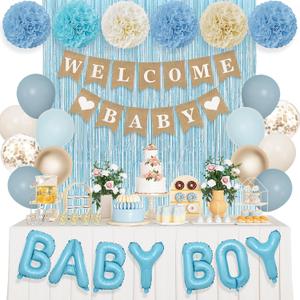 Ouddy Party Dusty Blue Baby Shower Decorations for Boy with Welcome Baby Banner Baby Boy Blue Champagne Sand Foil Balloons Fringe Curtains Paper Pom Poms for Baby Shower Gender Reveal Party Supplies