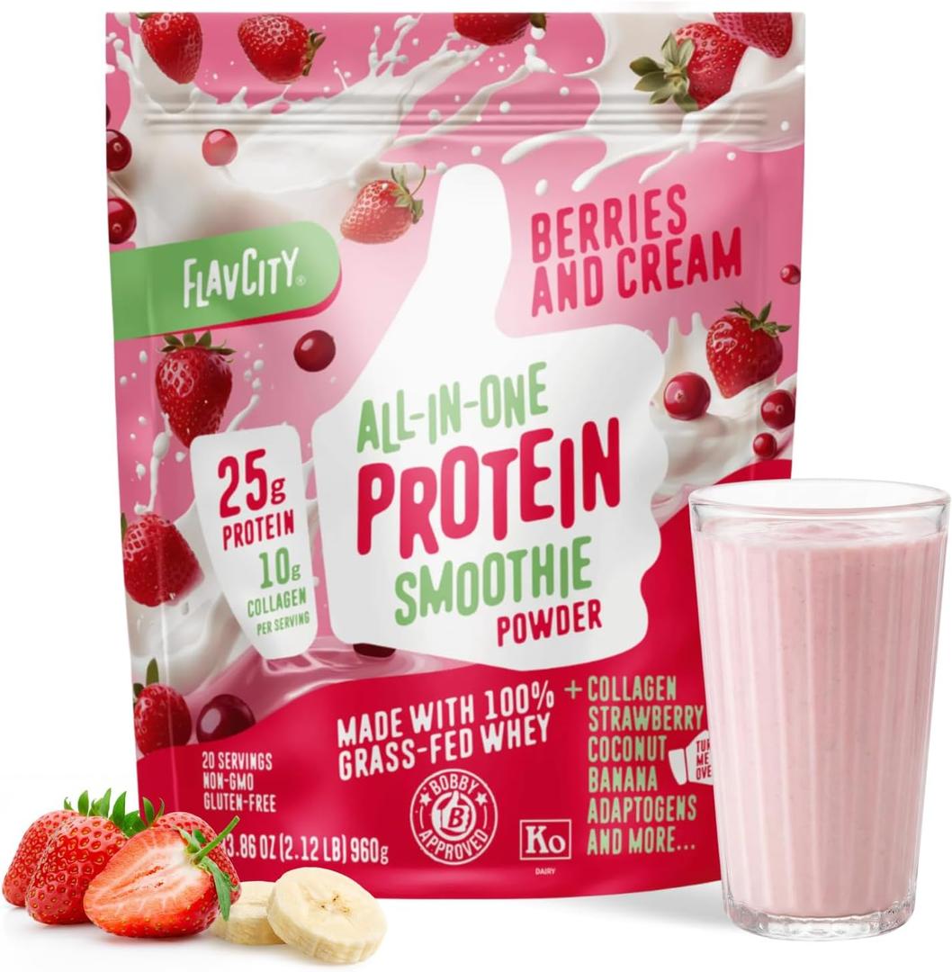 FlavCity All in One Protein Shake Powder, Berries and Cream - On the Go Meal Alternative + Collagen Peptides, Reishi & Cordyceps - Focus, Skin, Hair & Joint Support - 100% Grass Fed Whey, 20 Servings EXP: 08/2028