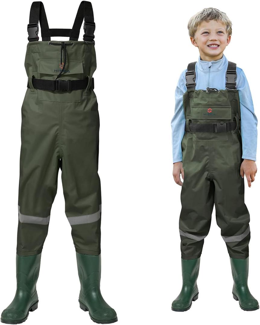 HISEA Kids Chest Waders with Boots, Youth Waterproof Fishing Wader, PVC Waders for Toddler Children with Reflect Safety Band (10/11 Big Kid, Green)