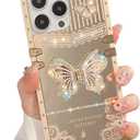 Cute Compatible with iPhone 15 Pro Max Case with Luxury Bling Glitter Butterfly Foldable Stand Kickstand,Glitter Soft PC Mirror Bumper Protective Cover for Women & Girls(Light Gold)
