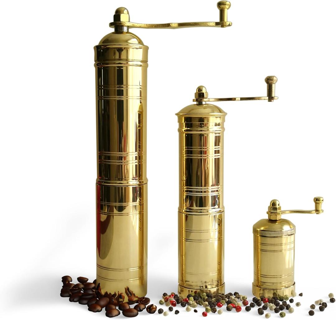 Set of Three Turkish Manual Coffee Grinders, Brass Coffee Mill with Handle, Fixed Top Pepper Grinder, Kitchen Decor