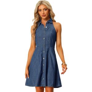 Allegra K Lightweight Denim Dresses for Women's Button Down Sleeveless Halter Neck Jean Dress (X-Large, Blue)