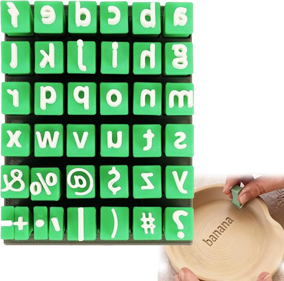 ITSTUVRH Clay Stamps,36 Pieces Letter Stamps for Clay with Storage Box,Alphabet,Numbers&Symbols DIY Handmade Alphabet Mold Accessories for Ceramic Decorating,Green (Lowercase Letter Plastic)