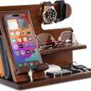 TESLYAR Wood Phone Docking Station for Men - Desktop or Nightstand Organizer - Birthday Gifts for Men, Dad - Anniversary Idea from Wife - Key Holder, Stand Wallet, Watch & Essentials (Chestnut)