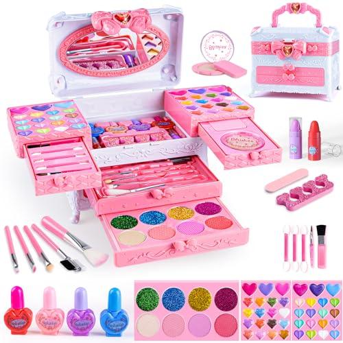 GORISPI Kids Makeup Sets for Girls, 66pcs Real Cosmetic for Kids Toys with Mirror, Princess Washable Girls Makeup Kit, Non-Toxic & Safe Brithday Gifts for 3 4 5 6 7 8 10 - 12 Years Old（Light Pink）