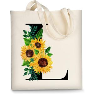 AUSVKAI Canvas Tote Bag Aesthetic for Women, Cute Sunflower Initial Trendy Monogram Personalized Initial Birthday Reusable Cloth Cotton Bags with Handle for Grocery College Shopping Beach